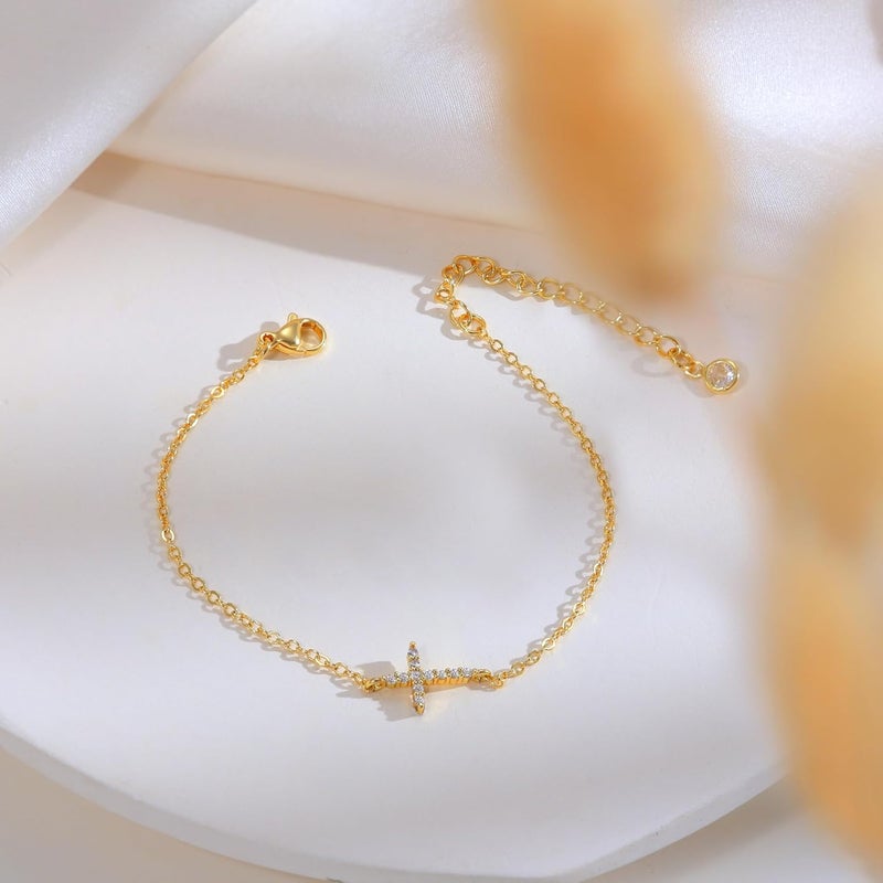 Moodear Valentines Day Gifts for Her, Dainty 925 Sterling Silver/14k Gold Plated CZ Cross Bracelet Layered Snake Pearl Chain Knot Bracelets for Women Trendy Religious Christian Jewelry - Image 5